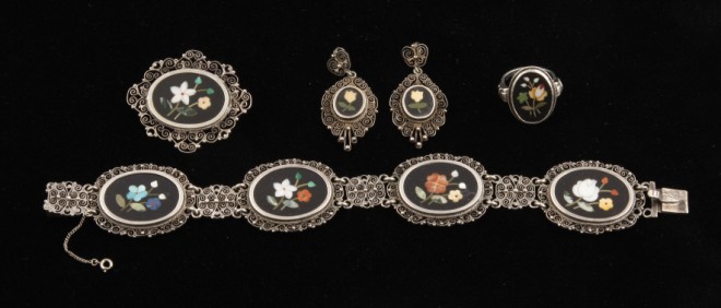 Appraisal: Pietra dura grouping includes one ring two earrings one pin