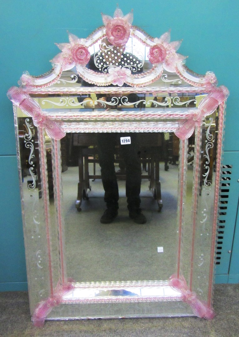 Appraisal: A th century Venetian glass wall mirror with pink flower