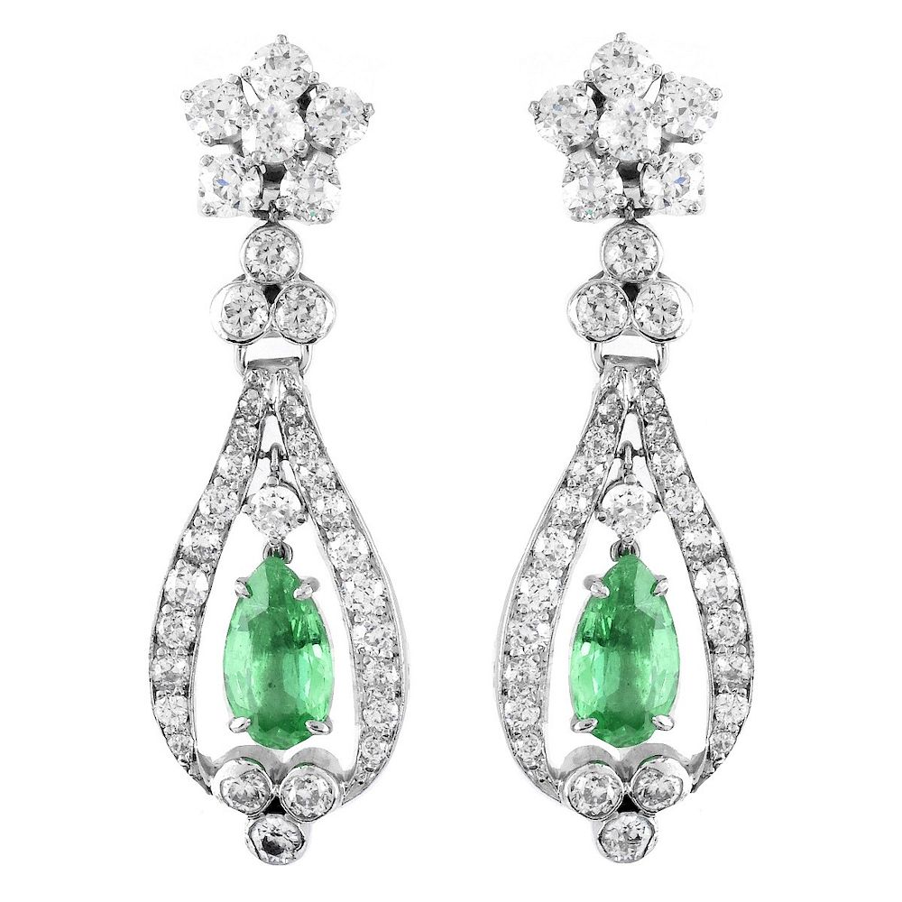 Appraisal: Emerald Diamond Platinum and K Earrings Antique Approx Carat Pear