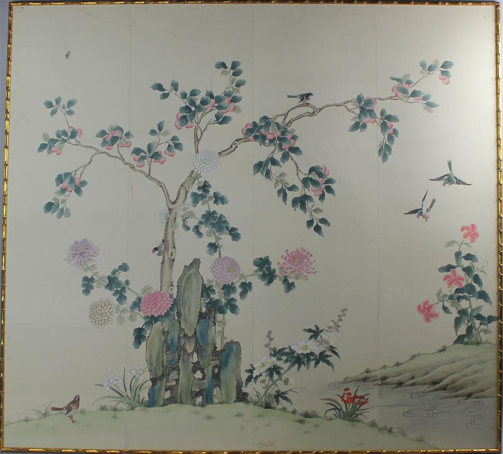 Appraisal: CHINOISERIE FRAMED WALLPAPER PANEL formed of a partial roll depicting