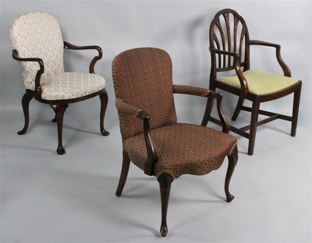 Appraisal: TWO QUEEN ANNE STYLE MAHOGANY ARMCHAIRS TOGETHER WITH A GEORGE