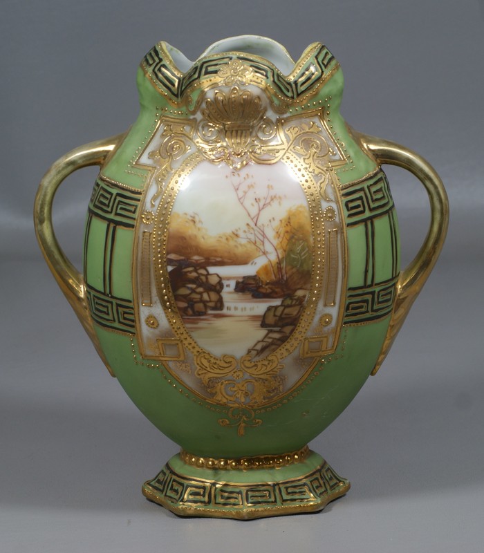 Appraisal: Nippon Hand Painted and Jeweled Vase with pastoral scenes -