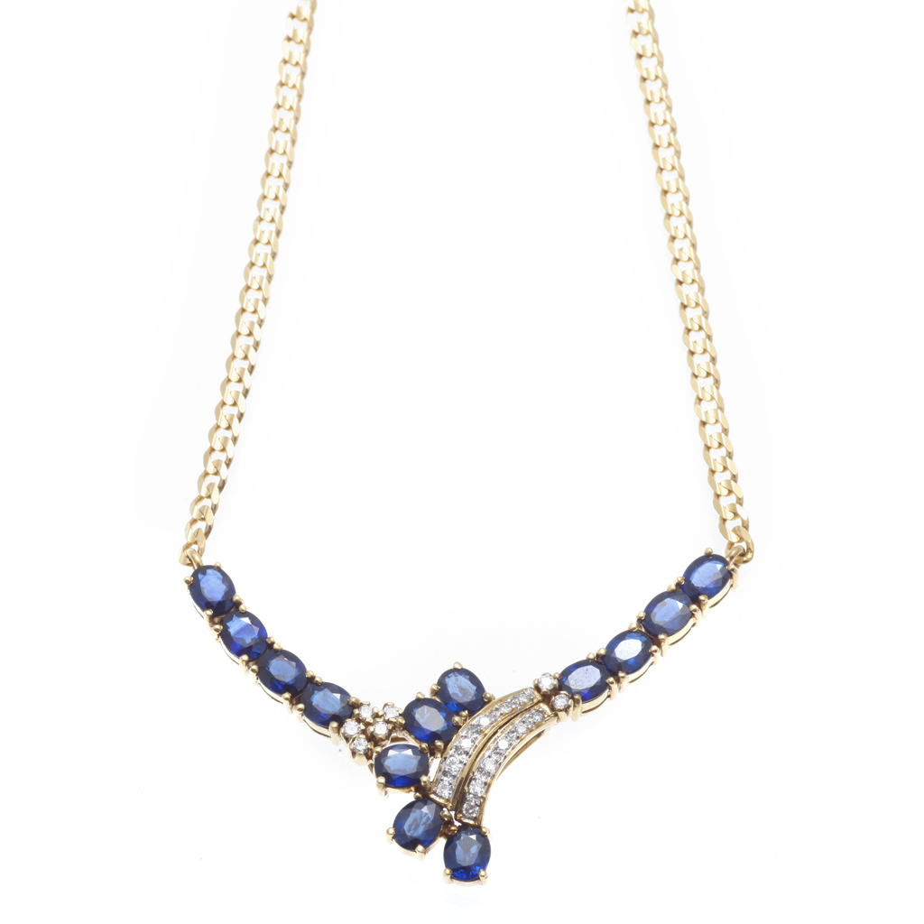 Appraisal: A sapphire and diamond set necklace claw set with oval