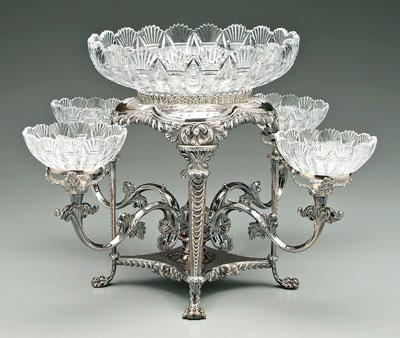 Appraisal: Old Sheffield plate epergne four arms legs with paw feet