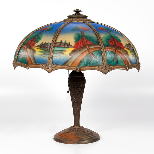 Appraisal: American th century A table lamp with a reverse painted