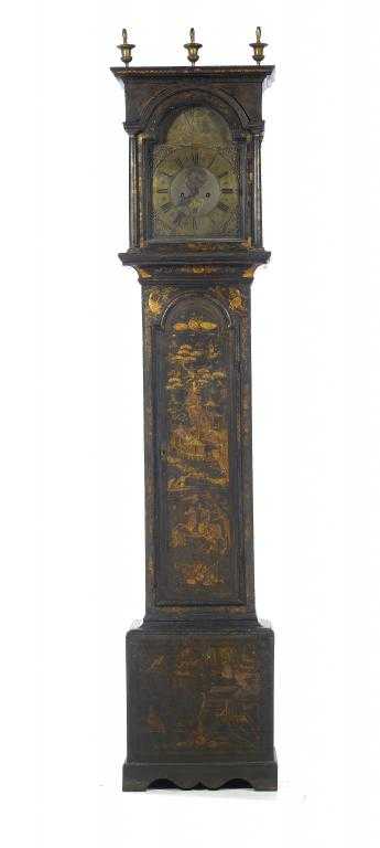 Appraisal: A GEORGE III GREEN JAPANNED LONGCASE CLOCK the brass breakarched