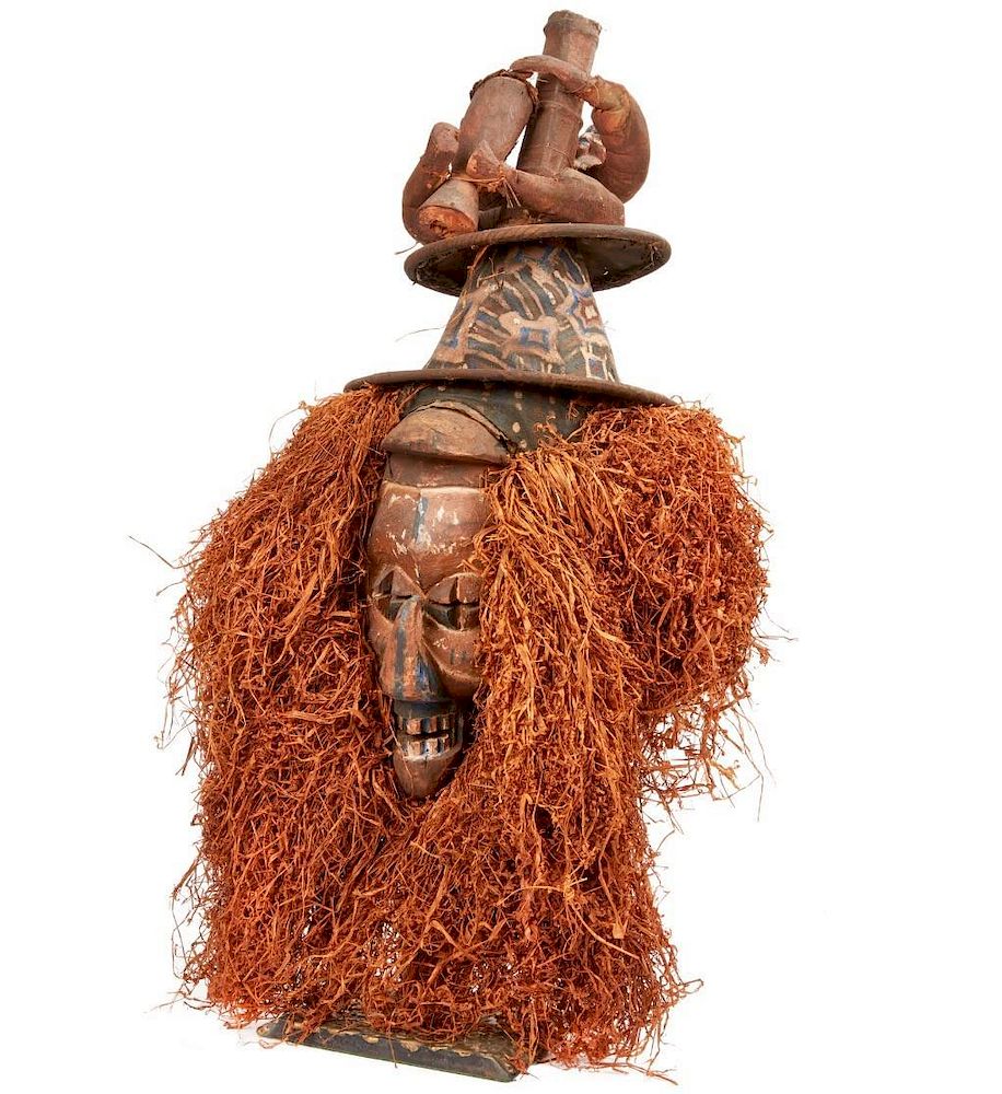 Appraisal: Yaka Mask Yaka dance mask constructed with wood fabrics paint