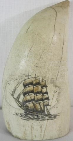 Appraisal: TH CENTURY SCRIMSHAWED WHALES TOOTH POLYCHROMEDECORATION DEPICTING A THREE-MASTED SHIP