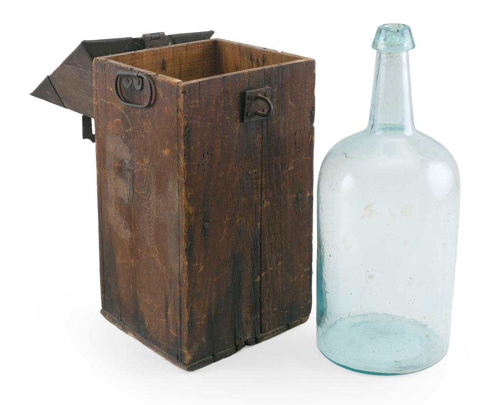 Appraisal: AQUA BLOWN GLASS DEMIJOHN WITH ORIGINAL CASE TH CENTURY CASE