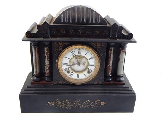 Appraisal: Ansonia Co iron-cased mantel clock ebonized metal with incised gilt