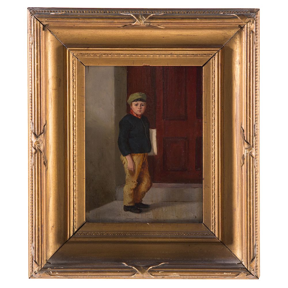 Appraisal: Howard Hemick Newsboy oil on panel American - Signed Hd