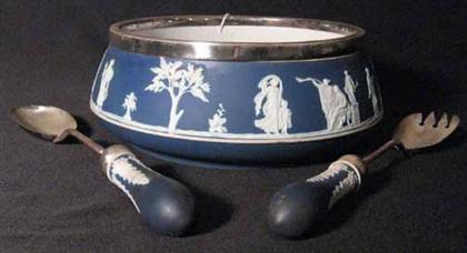 Appraisal: Wedgwood blue jasperware salad bowl and utensils Bowl H in