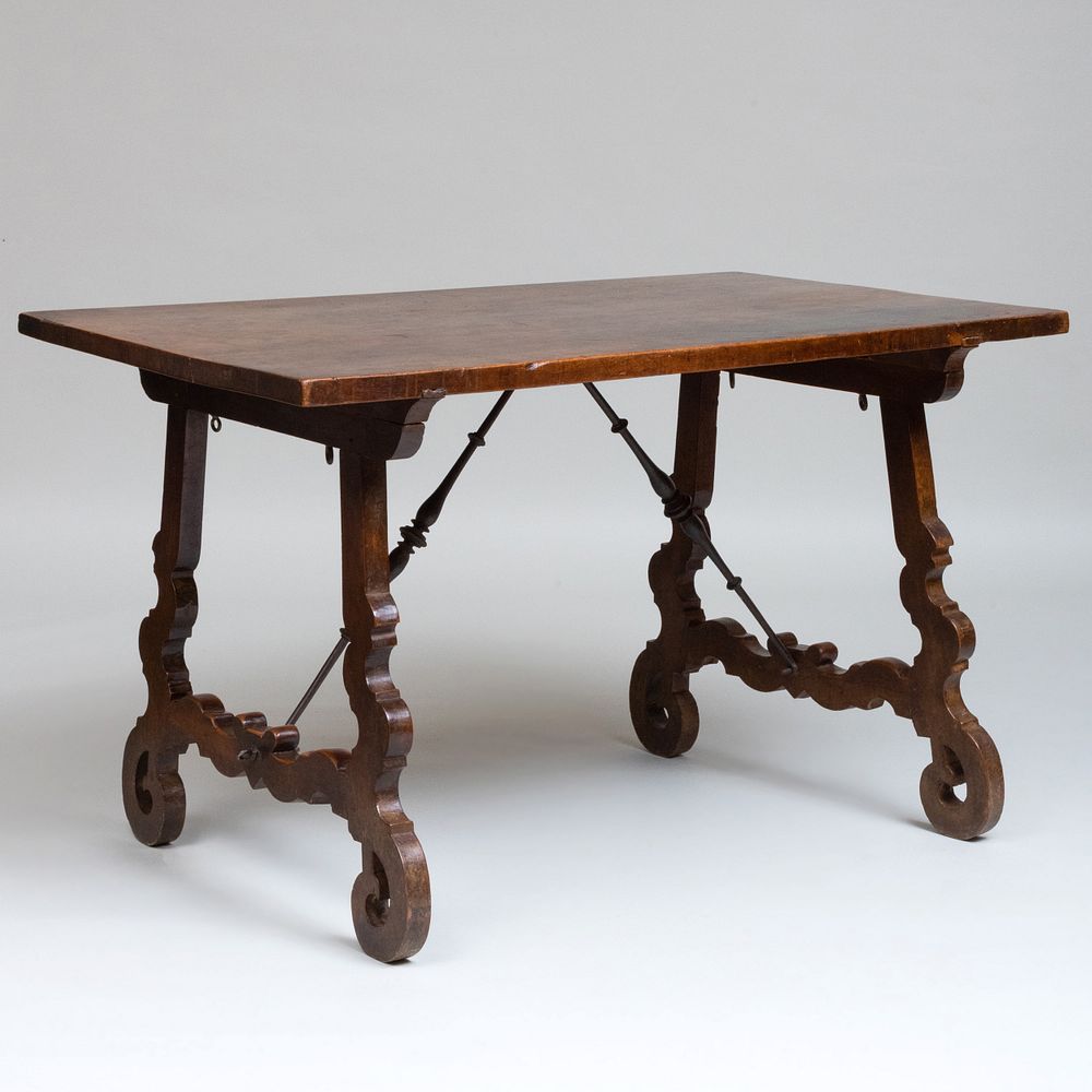 Appraisal: Italian Baroque Style Walnut and Wrought-Iron Trestle Table x ft