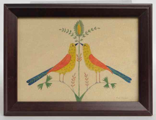 Appraisal: Watercolor folk art birds by noted CT artist Evelyn S