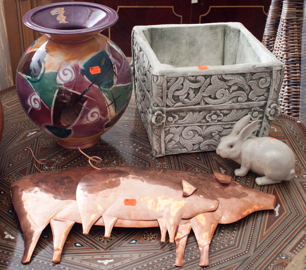 Appraisal: Assortment of decorative items including two copper pigs ceramic rabbit