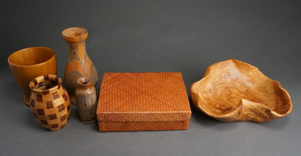 Appraisal: COLLECTION OF CARVED WOOD VASES BOWL AND WOVEN BOXCollection of