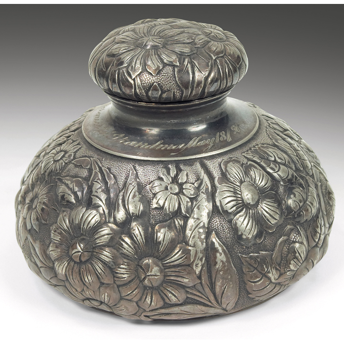 Appraisal: Wilcox inkwell silver-plated Aesthetic movement with floral design engraved ''Bernice