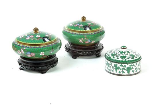 Appraisal: THREE CLOISONNE CONTAINERS Asian th century Pair with birds and