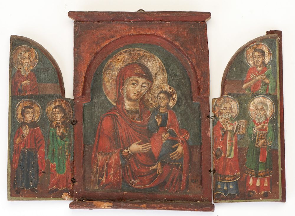 Appraisal: Greek Triptych Icon of the Virgin Portaitissa with Attendant Saints