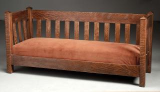 Appraisal: Arts Crafts Even Arm Settee Canted slats to side and