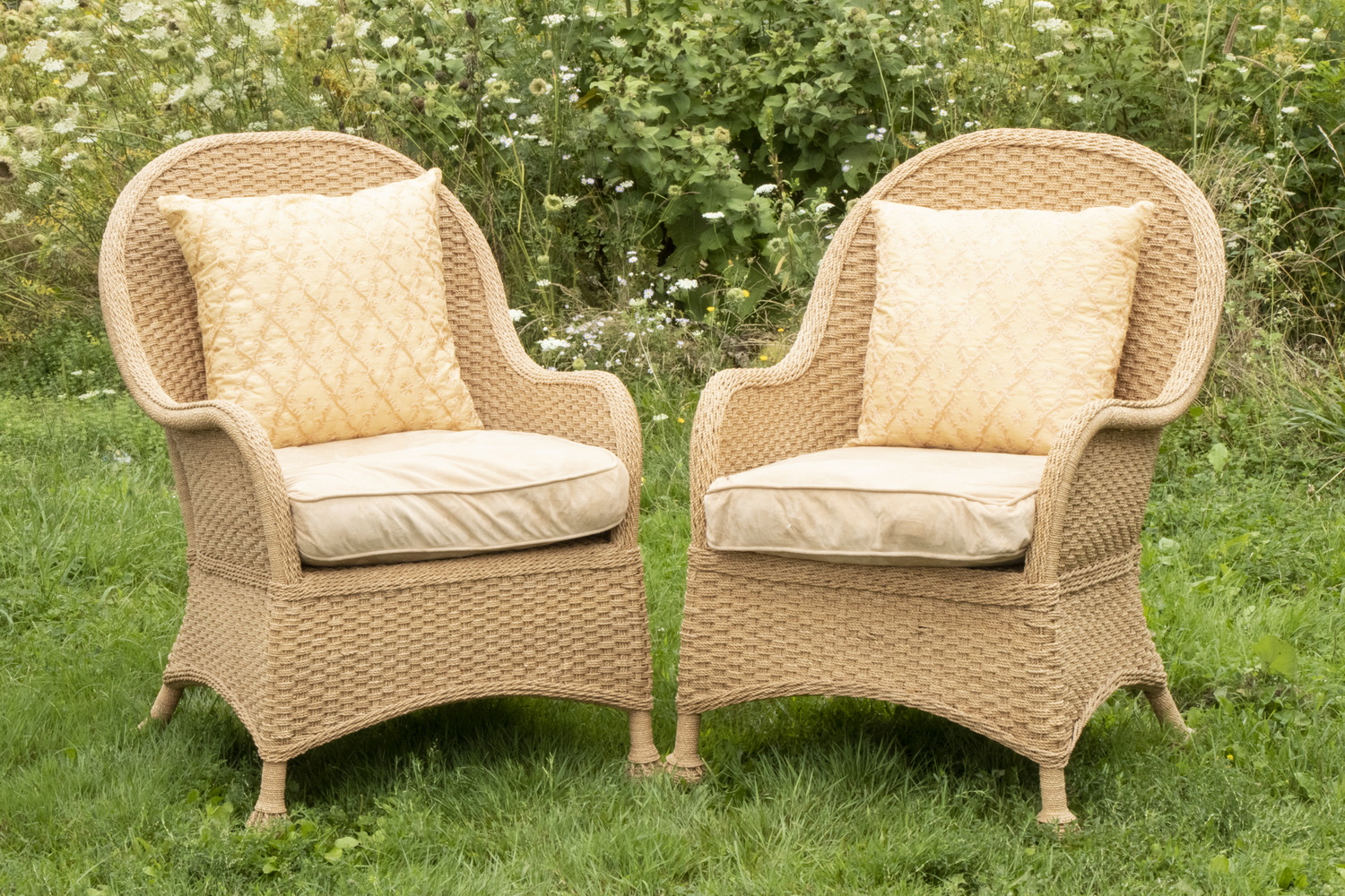 Appraisal: PR WOVEN ROPE ARMCHAIRS Pair of Fancy Woven Armchairs made