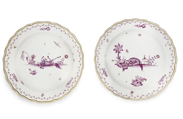 Appraisal: Two Meissen plates circa Each painted in purple monochrome heightened