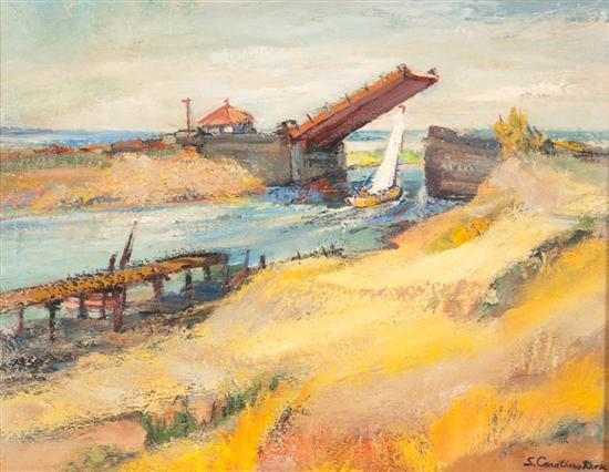 Appraisal: Sarah Pace Carothers Rhode American b Sailboat Passing Under Drawbridge