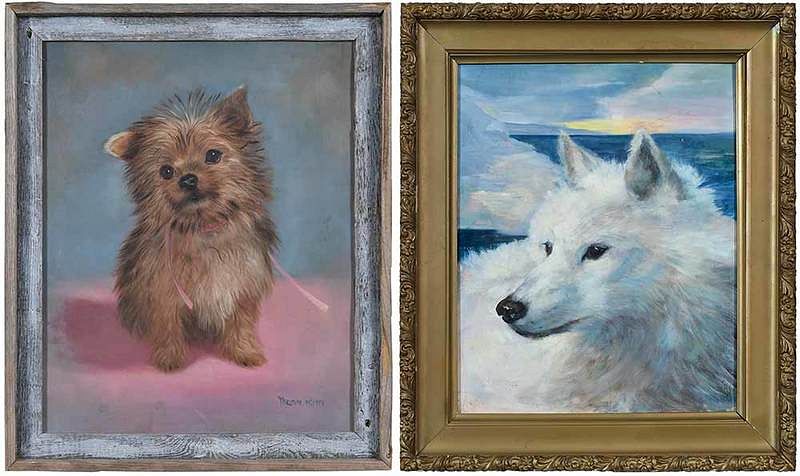 Appraisal: Two American School Dog Wolf Paintings th century White Fang