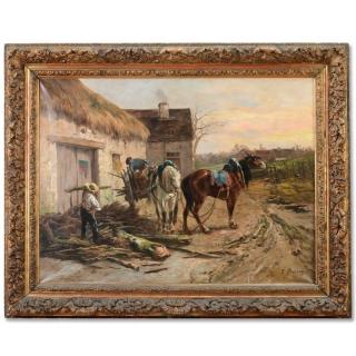 Appraisal: J Buroy th century painting Hauling wood large oil on