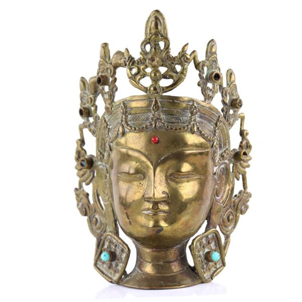 Appraisal: TIBETAN GILT BRONZE HEAD OF BUDDHA WITH TURQUOISE CABOCHONS EARRINGS