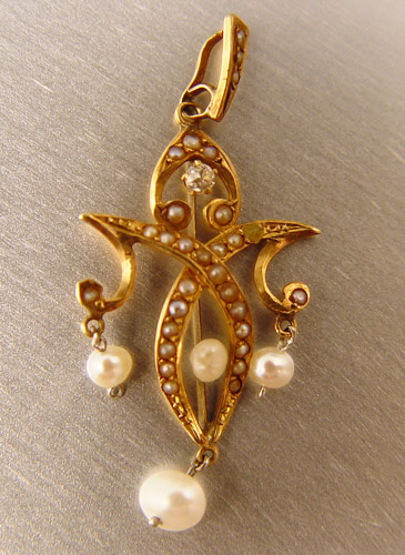 Appraisal: K SEED PEARL DIAMOND ART NOUVEAU PENDANT K yellow gold