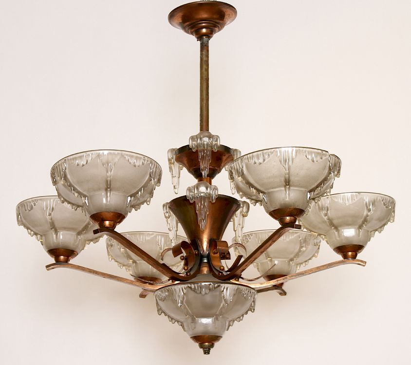 Appraisal: SIX ARM COPPER PLATED ART DECO CHANDELIER C A six