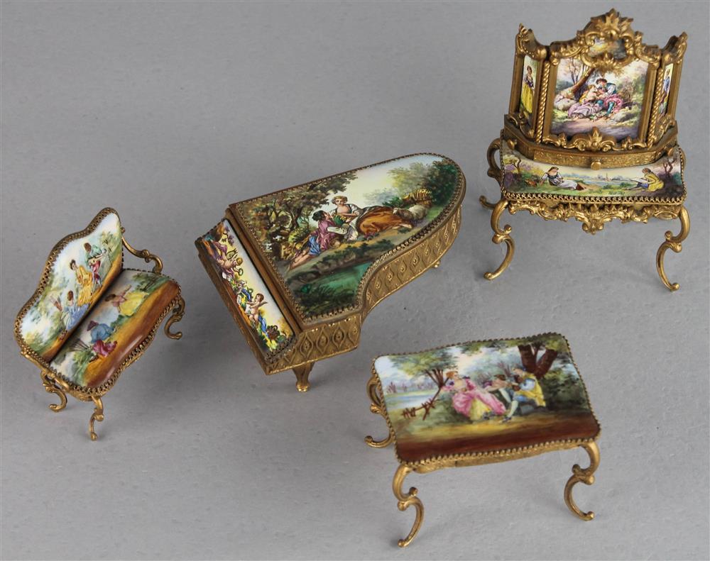 Appraisal: SUITE OF AUSTRIAN GILT METAL AND ENAMELED MINIATURE FURNITURE comprising