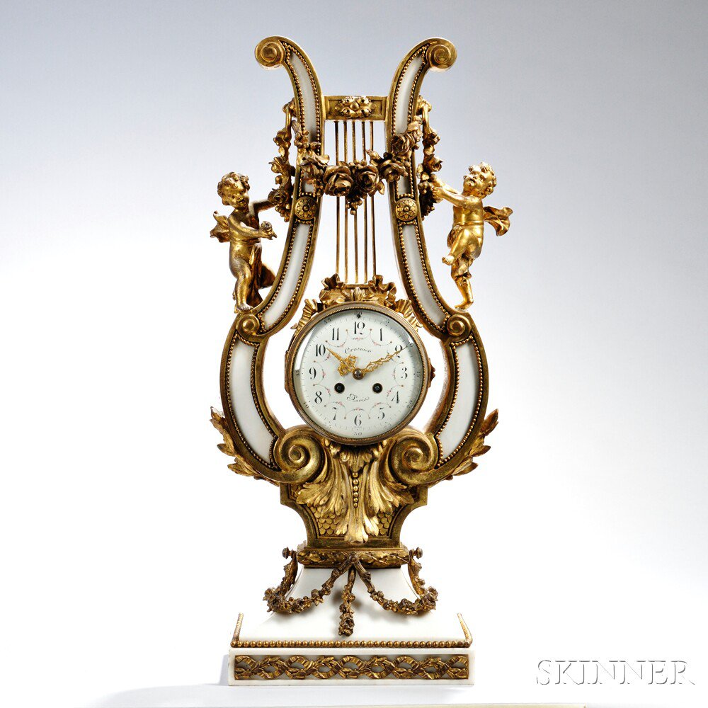 Appraisal: Crosnier Gilt-bronze Clock Paris late th century lyre-form body with