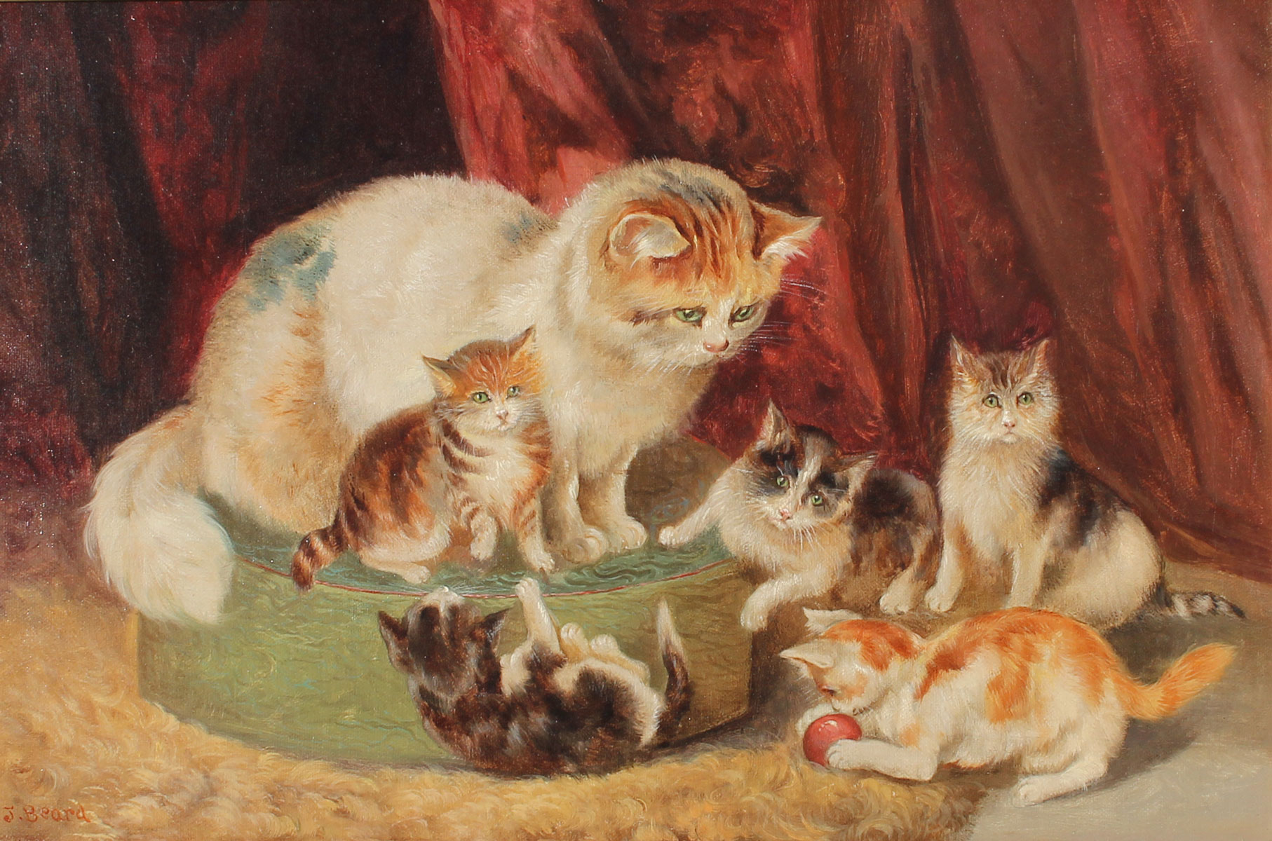 Appraisal: TH CENTURY PAINTING OF A CAT AND KITTENS SIGNED BEARD