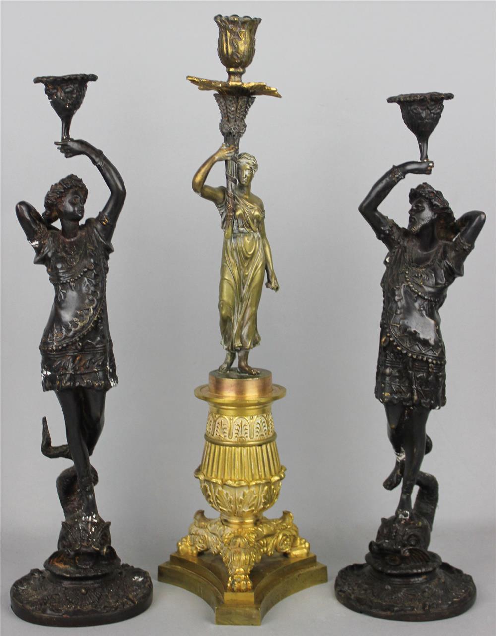 Appraisal: RENAISSANCE STYLE BRONZE LADY CANDLESTICKS AND SINGLE BRONZE LADY CANDLESTICK