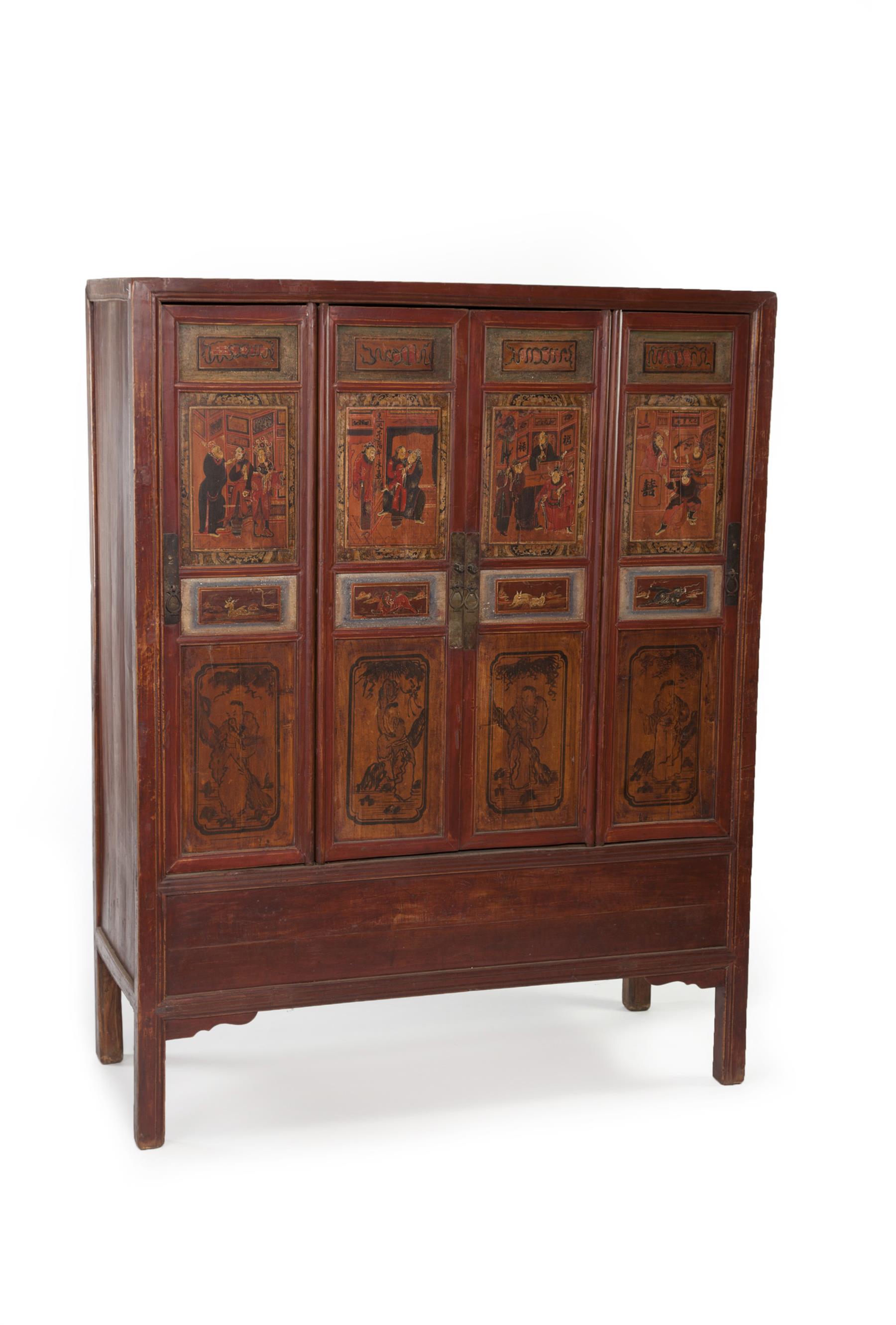 Appraisal: DECORATED CHINESE CUPBOARD Ca elm Mortised construction with hand painted