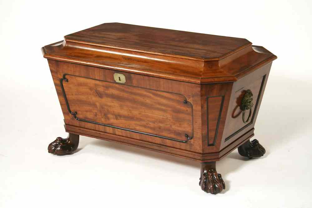 Appraisal: CELLARET - English mahogany coffin shaped cellaret pencil writing inside