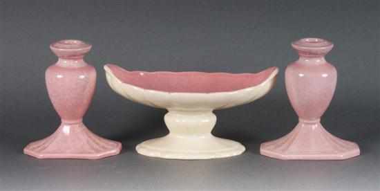 Appraisal: Cowan Pottery centerpiece and similar pair of candlesticks second quarter-