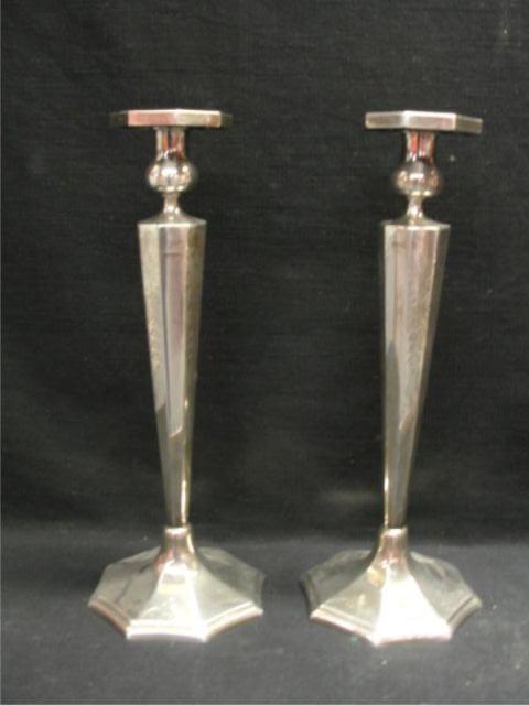 Appraisal: Sterling Pair of Art Deco Candlesticks Etched not weighted From