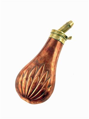 Appraisal: An embossed copper and brass shot flask the nozzle stamped