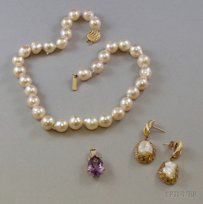 Appraisal: Baroque Pearl Choker a Pair of Gold-framed Baroque Pearl Earrings