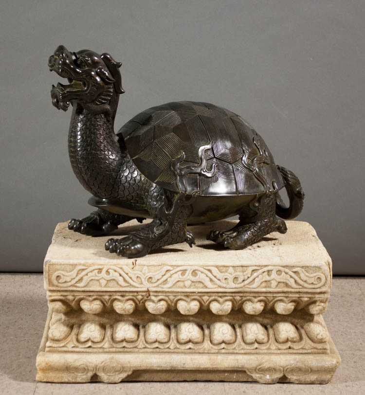 Appraisal: CHINESE CELESTIAL BRONZE DRAGON TORTOISE a symbol of longevity modeled