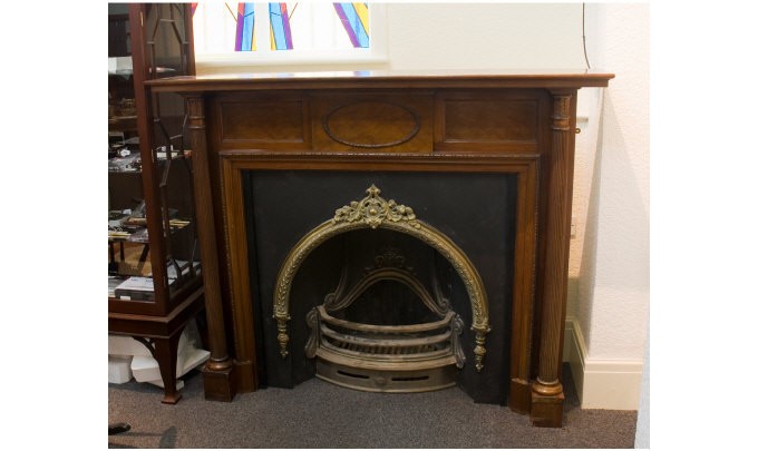 Appraisal: Large Mahogany Fire Display With Mantle Above Rectangular Walnut Veneered