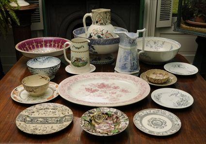 Appraisal: EIGHTEEEN ENGLISH TRANSFER-PRINTED IRONSTONE ARTICLES Including plates bowls punch bowls