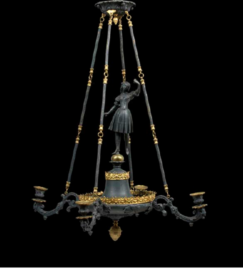 Appraisal: French Dark Green-Painted Bronze-Patinated and Parcel-Gilt-Brass Four-Light Camargo Chandelier second