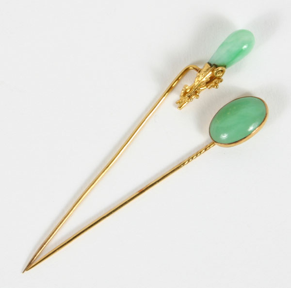 Appraisal: Lot of two victorian gold and jade stick pins floral