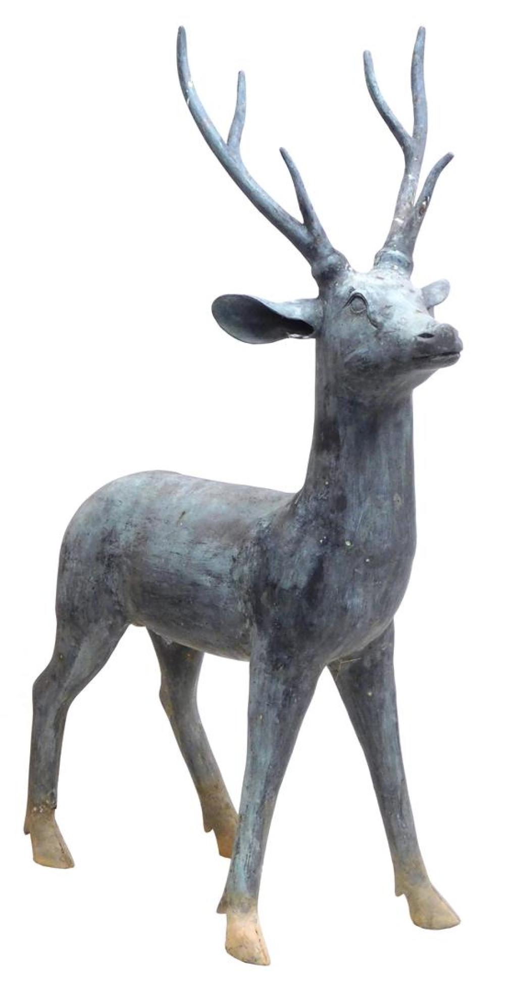 Appraisal: Bronze stag garden sculpture green and black patinated finish stag