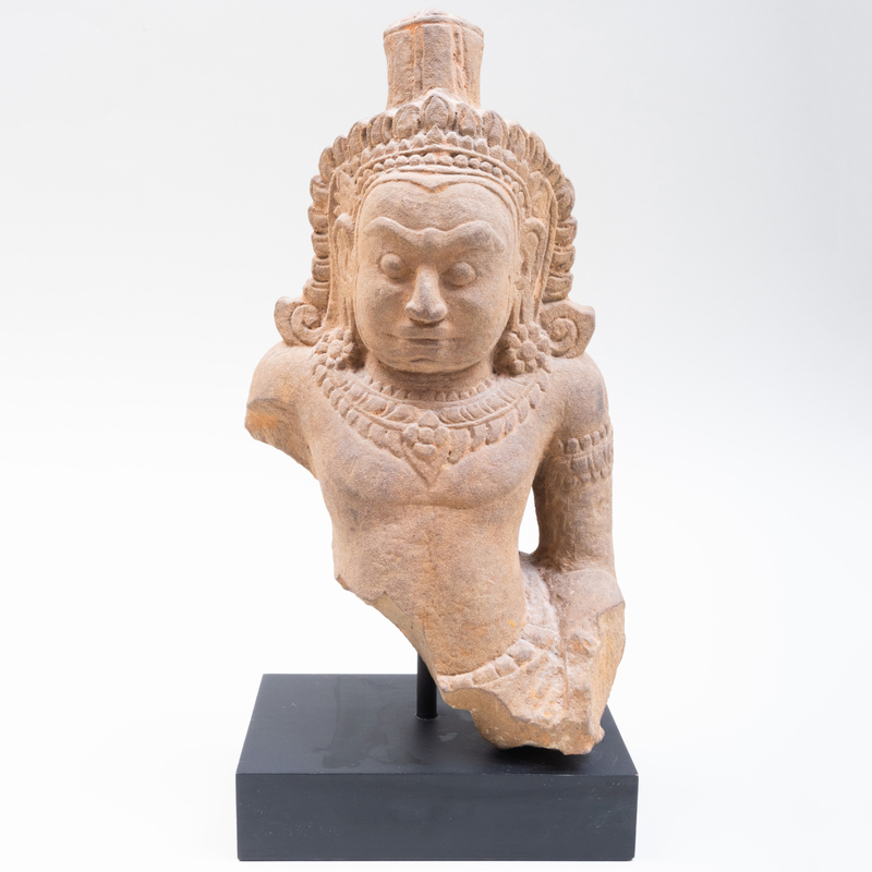 Appraisal: Khmer Stone Fragment Bust of Dvarapala Raised on a stand