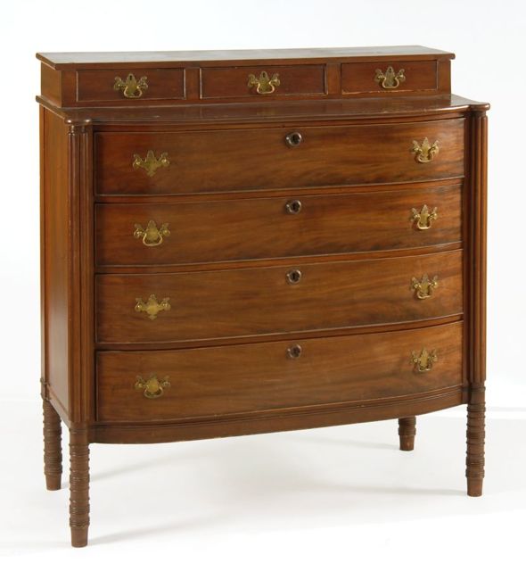 Appraisal: ANTIQUE AMERICAN SHERATON SWELL-FRONT BUREAU With stepped upper section containing